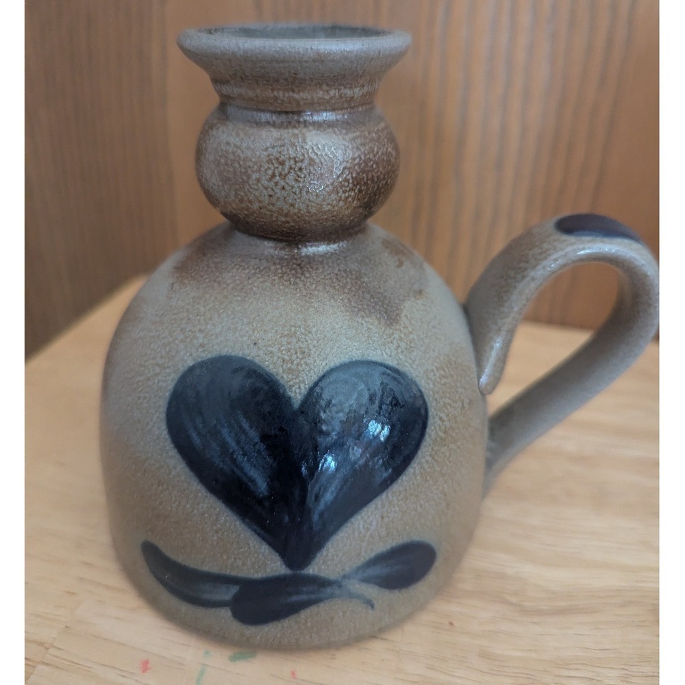 Rowe Pottery Works Salt Glazed Stoneware Heart Candlestick Chamber Handled 5"